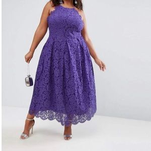 Beautiful midi length purple lace dress. Great wedding guest dress! UK 26/ US 22